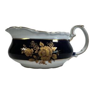 Casati Fine Porcelain Gravy Boat Navy Blue and Gold Flower